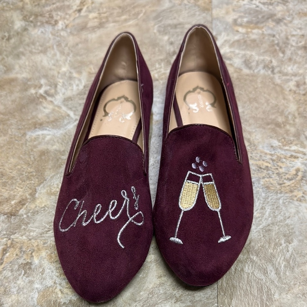 Women's Burgundy Suede Loafers with Embroidery